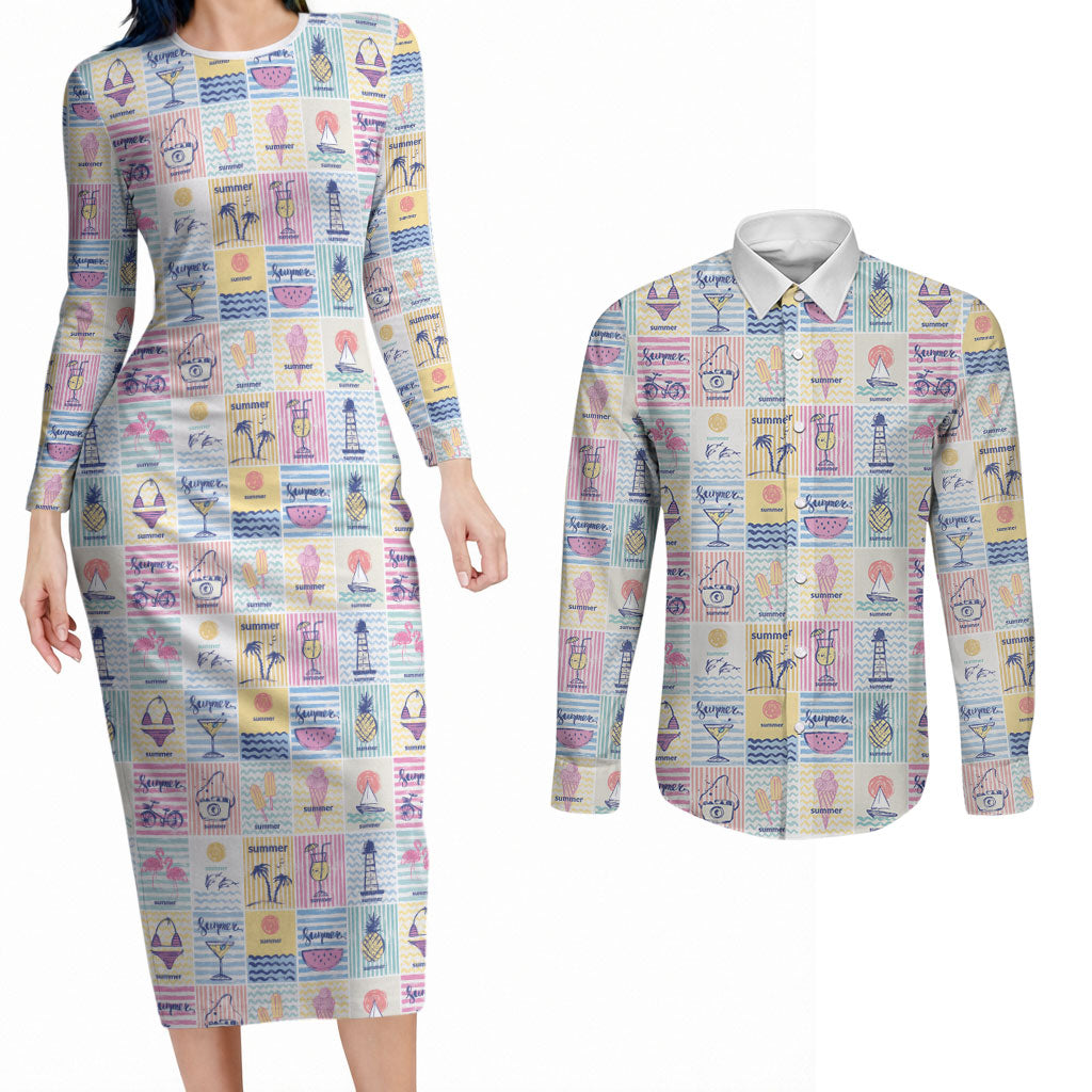 Aloha Summer Posters Grunge Textures Couples Matching Long Sleeve Bodycon Dress and Long Sleeve Button Shirt