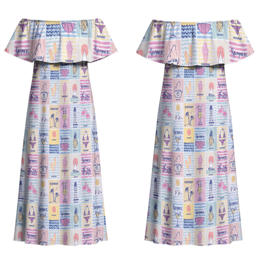 Aloha Summer Posters Grunge Textures Couples Matching Off Shoulder Maxi Dress and Long Sleeve Button Shirt