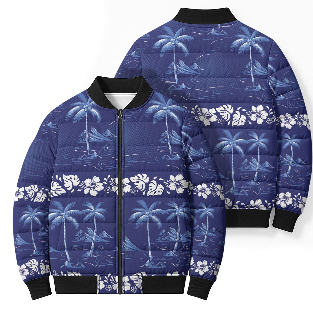 Blue Hawaii Palm Tree Hibiscus Bomber Puffer Jacket Fantasy Summer Vibe LT01 - Polynesian Pride