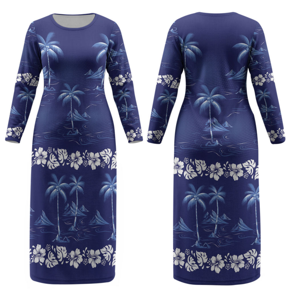 Blue Hawaii Palm Tree Hibiscus Couples Matching Long Sleeve Bodycon Dress and Hawaiian Shirt Fantasy Summer Vibe