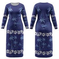 Blue Hawaii Palm Tree Hibiscus Couples Matching Long Sleeve Bodycon Dress and Hawaiian Shirt Fantasy Summer Vibe