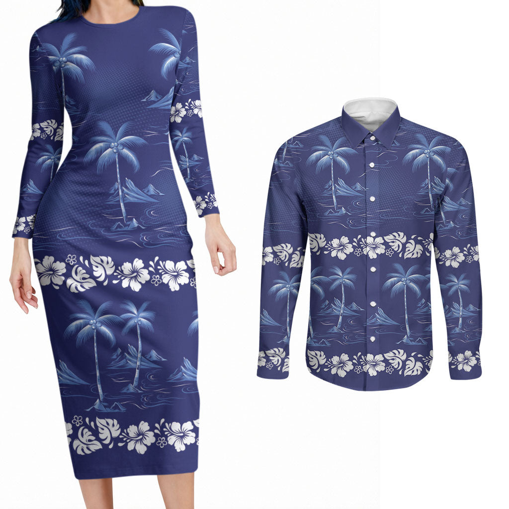 Blue Hawaii Palm Tree Hibiscus Couples Matching Long Sleeve Bodycon Dress and Long Sleeve Button Shirt Fantasy Summer Vibe LT01 Blue - Polynesian Pride