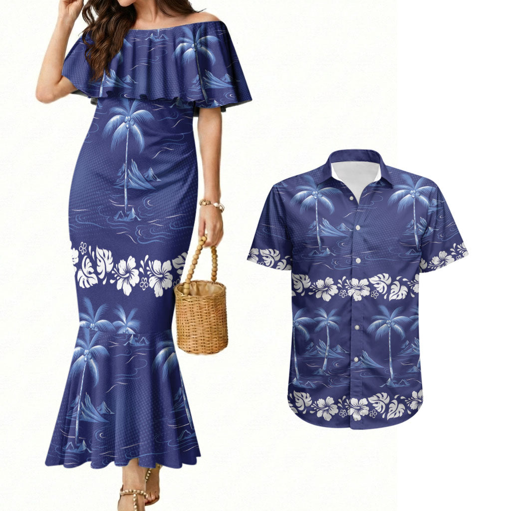Blue Hawaii Palm Tree Hibiscus Couples Matching Mermaid Dress and Hawaiian Shirt Fantasy Summer Vibe