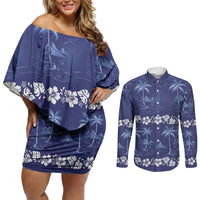 Blue Hawaii Palm Tree Hibiscus Couples Matching Off Shoulder Short Dress and Long Sleeve Button Shirt Fantasy Summer Vibe LT01 Blue - Polynesian Pride