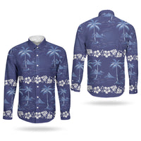 Blue Hawaii Palm Tree Hibiscus Couples Matching Off The Shoulder Long Sleeve Dress and Long Sleeve Button Shirt Fantasy Summer Vibe LT01 - Polynesian Pride