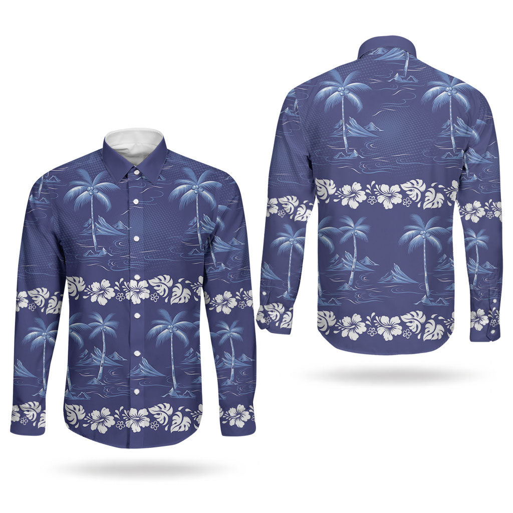 Blue Hawaii Palm Tree Hibiscus Couples Matching Puletasi and Long Sleeve Button Shirt Fantasy Summer Vibe LT01 - Polynesian Pride