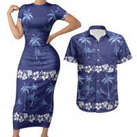 Blue Hawaii Palm Tree Hibiscus Couples Matching Short Sleeve Bodycon Dress and Hawaiian Shirt Fantasy Summer Vibe