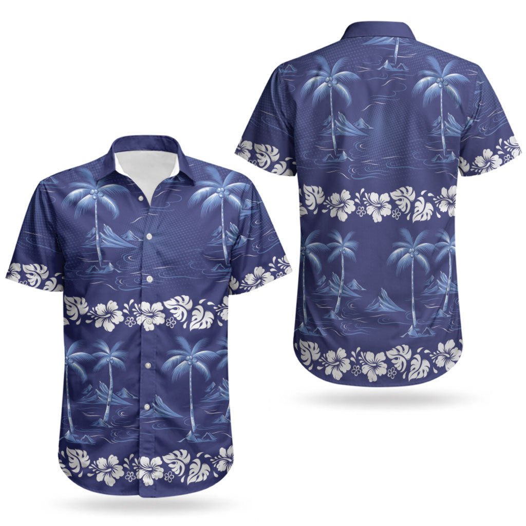 Blue Hawaii Palm Tree Hibiscus Couples Matching Short Sleeve Bodycon Dress and Hawaiian Shirt Fantasy Summer Vibe