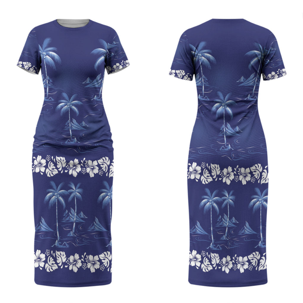 Blue Hawaii Palm Tree Hibiscus Couples Matching Short Sleeve Bodycon Dress and Hawaiian Shirt Fantasy Summer Vibe