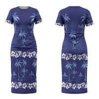 Blue Hawaii Palm Tree Hibiscus Couples Matching Short Sleeve Bodycon Dress and Hawaiian Shirt Fantasy Summer Vibe