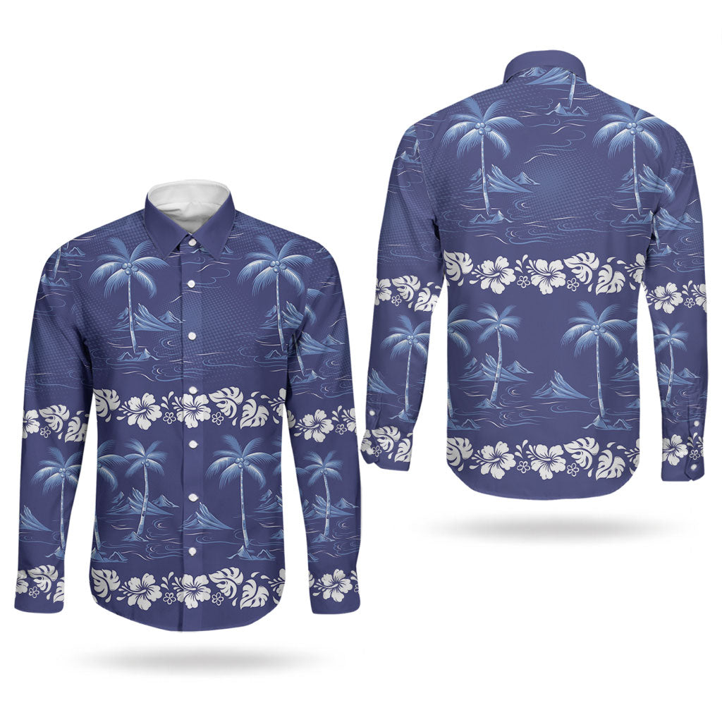 Blue Hawaii Palm Tree Hibiscus Couples Matching Short Sleeve Bodycon Dress and Long Sleeve Button Shirt Fantasy Summer Vibe LT01 - Polynesian Pride