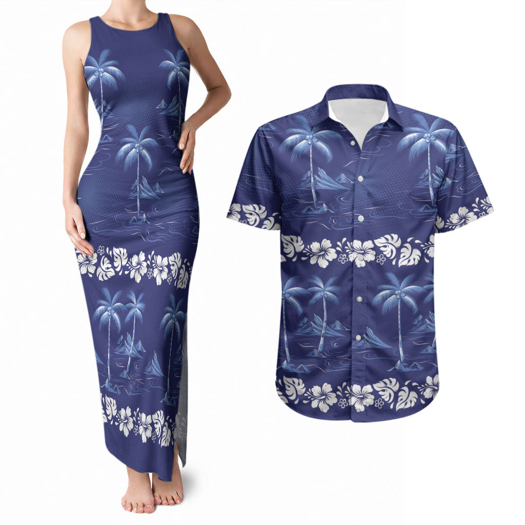 Blue Hawaii Palm Tree Hibiscus Couples Matching Tank Maxi Dress and Hawaiian Shirt Fantasy Summer Vibe LT01 Blue - Polynesian Pride