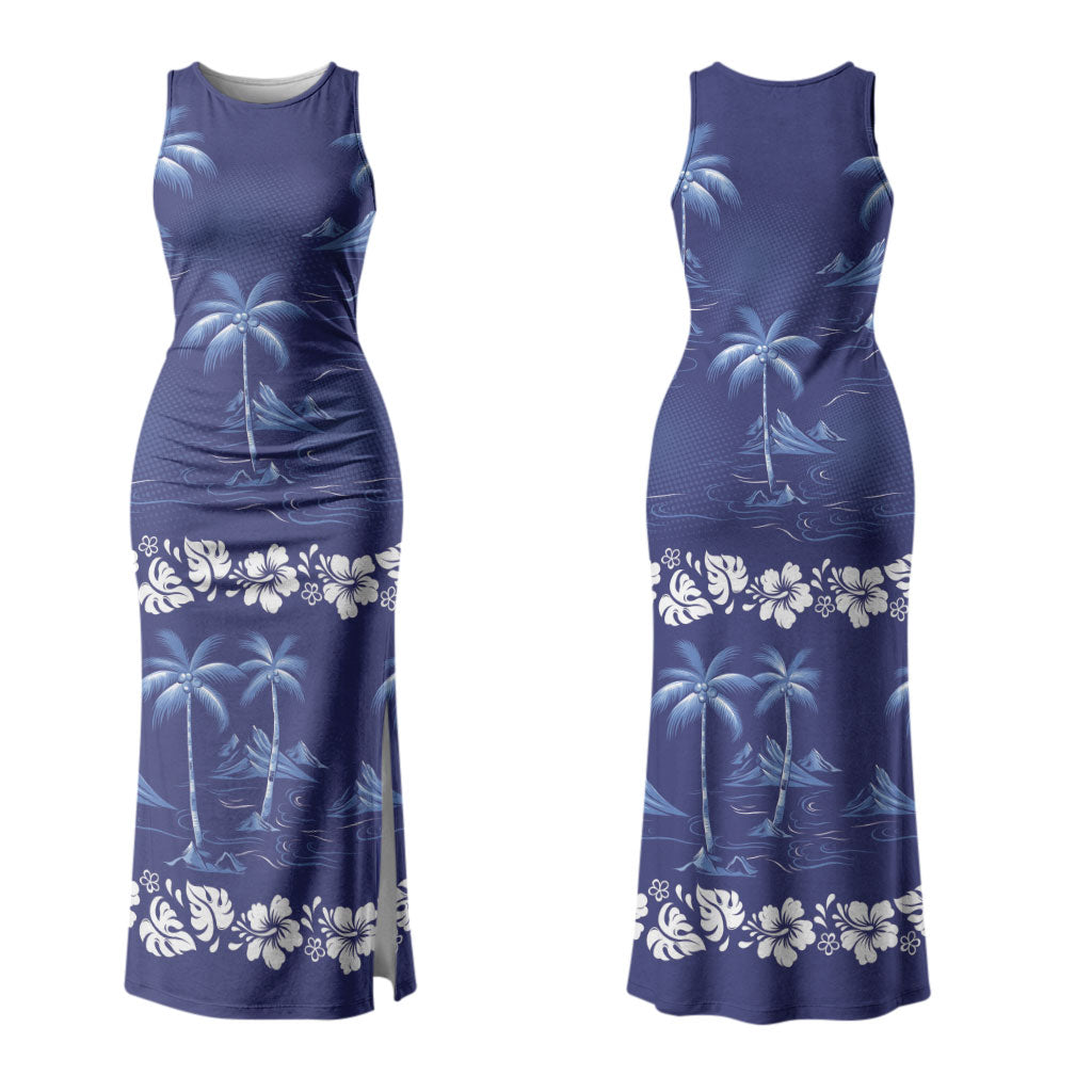 Blue Hawaii Palm Tree Hibiscus Couples Matching Tank Maxi Dress and Long Sleeve Button Shirt Fantasy Summer Vibe LT01 - Polynesian Pride