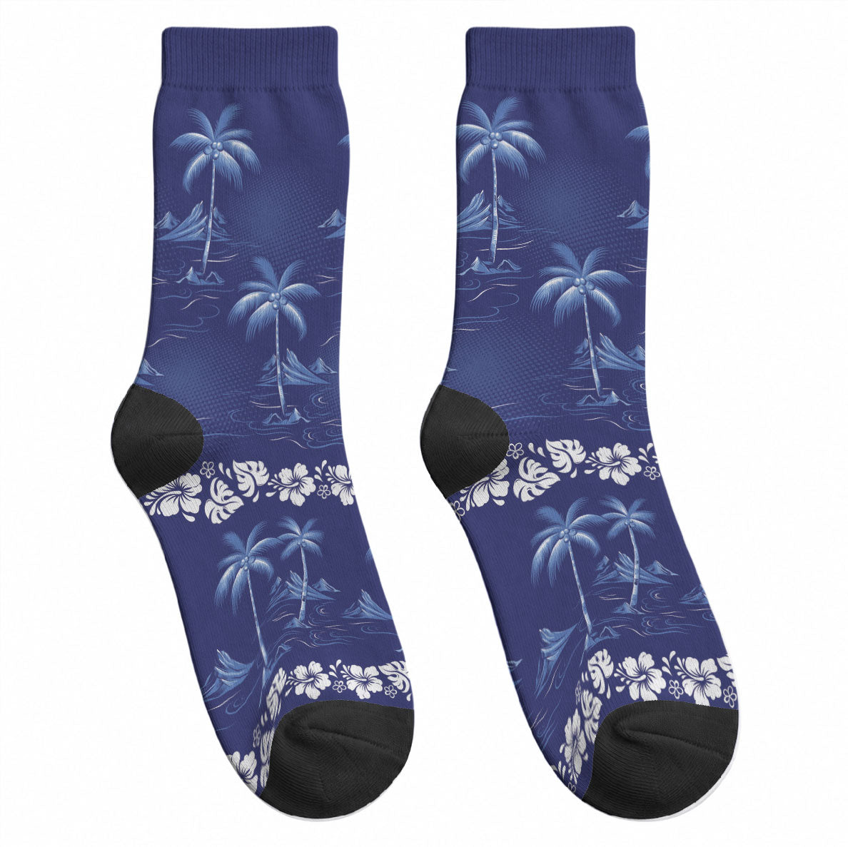 Blue Hawaii Palm Tree Hibiscus Crew Socks Fantasy Summer Vibe LT01 - Polynesian Pride