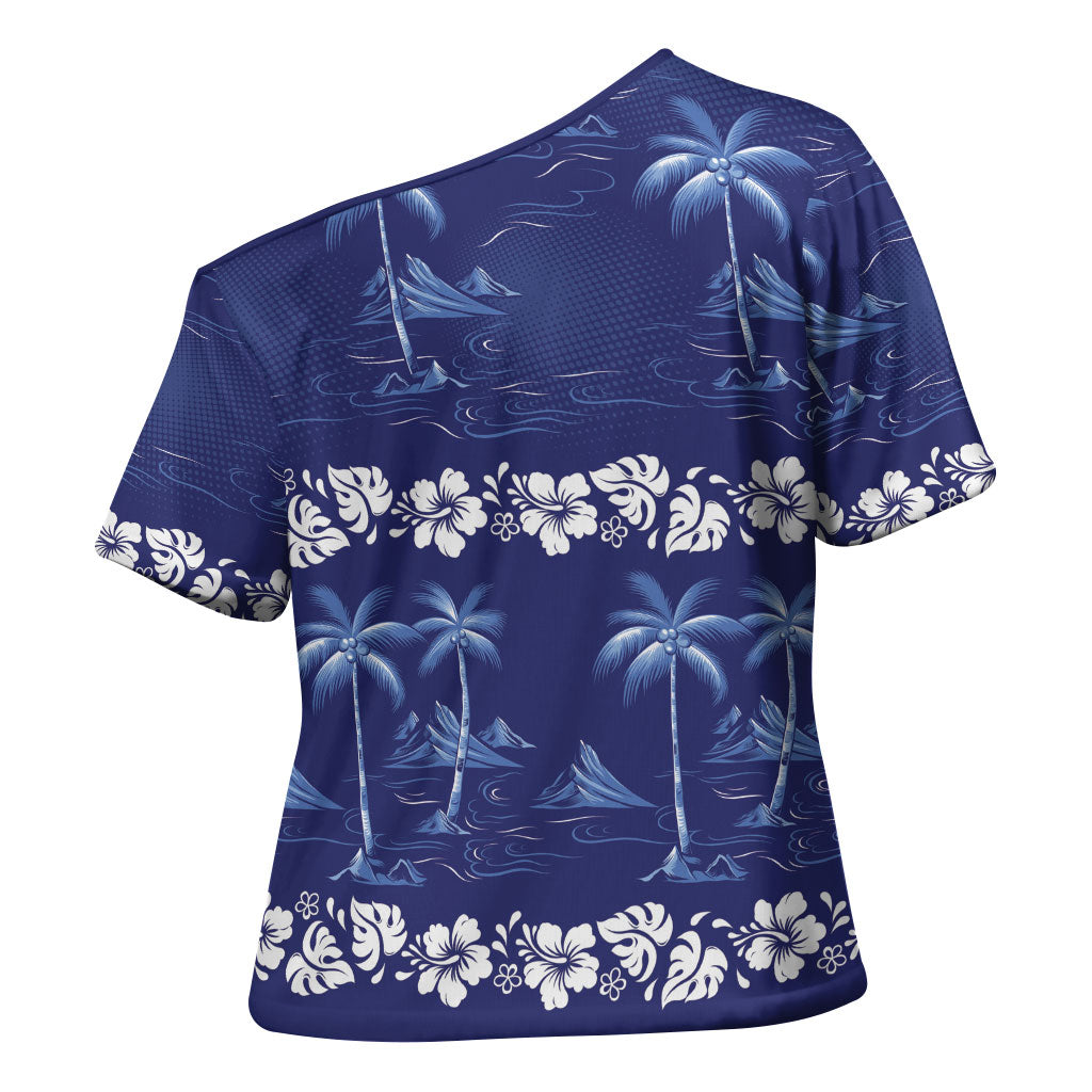 Blue Hawaii Palm Tree Hibiscus Cross Shoulder Shirt Fantasy Summer Vibe LT01 - Polynesian Pride