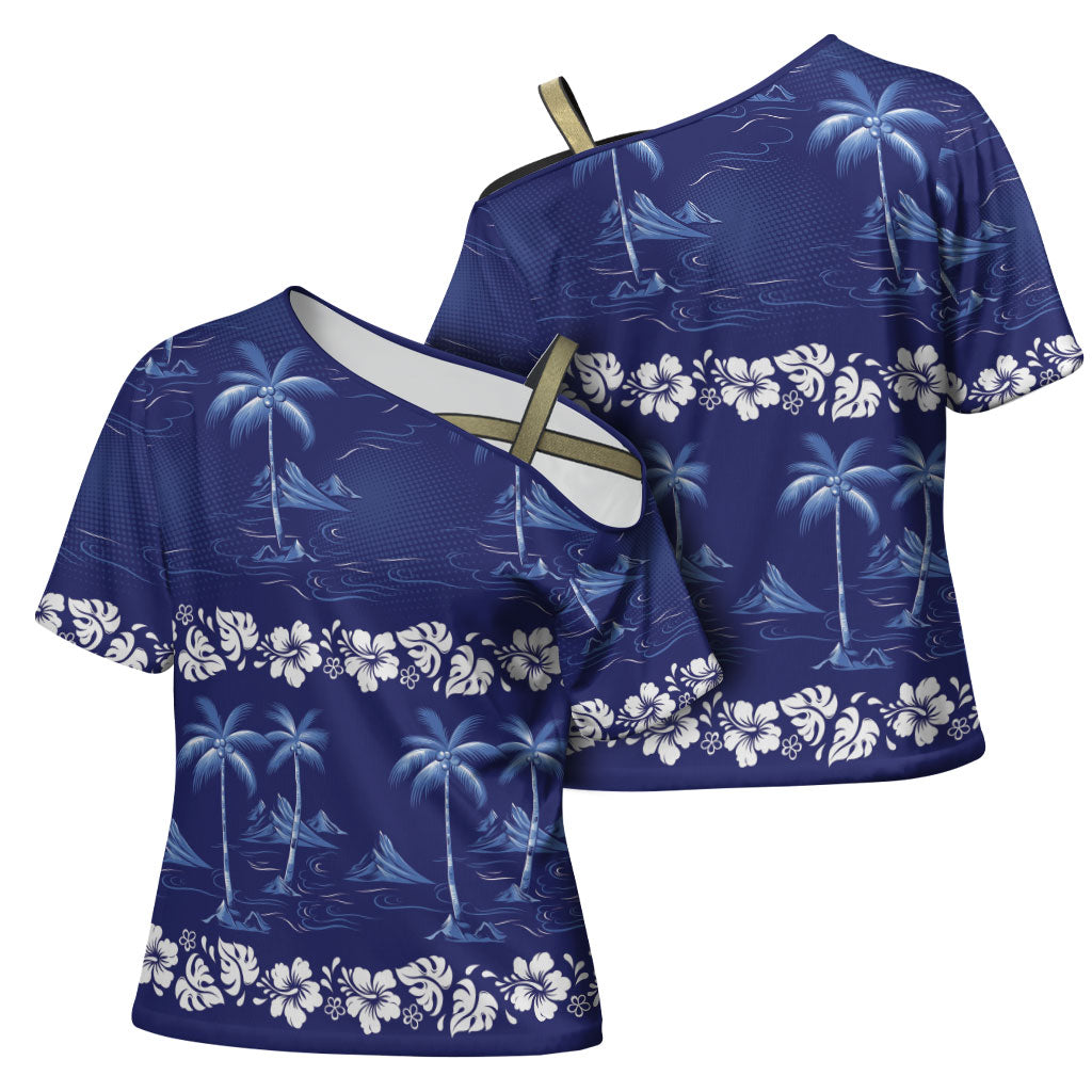Blue Hawaii Palm Tree Hibiscus Cross Shoulder Shirt Fantasy Summer Vibe LT01 - Polynesian Pride