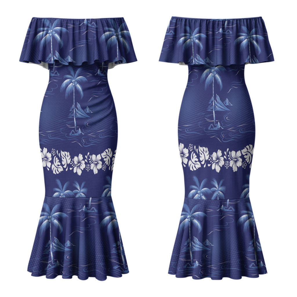 Blue Hawaii Palm Tree Hibiscus Family Matching Mermaid Dress and Hawaiian Shirt Fantasy Summer Vibe
