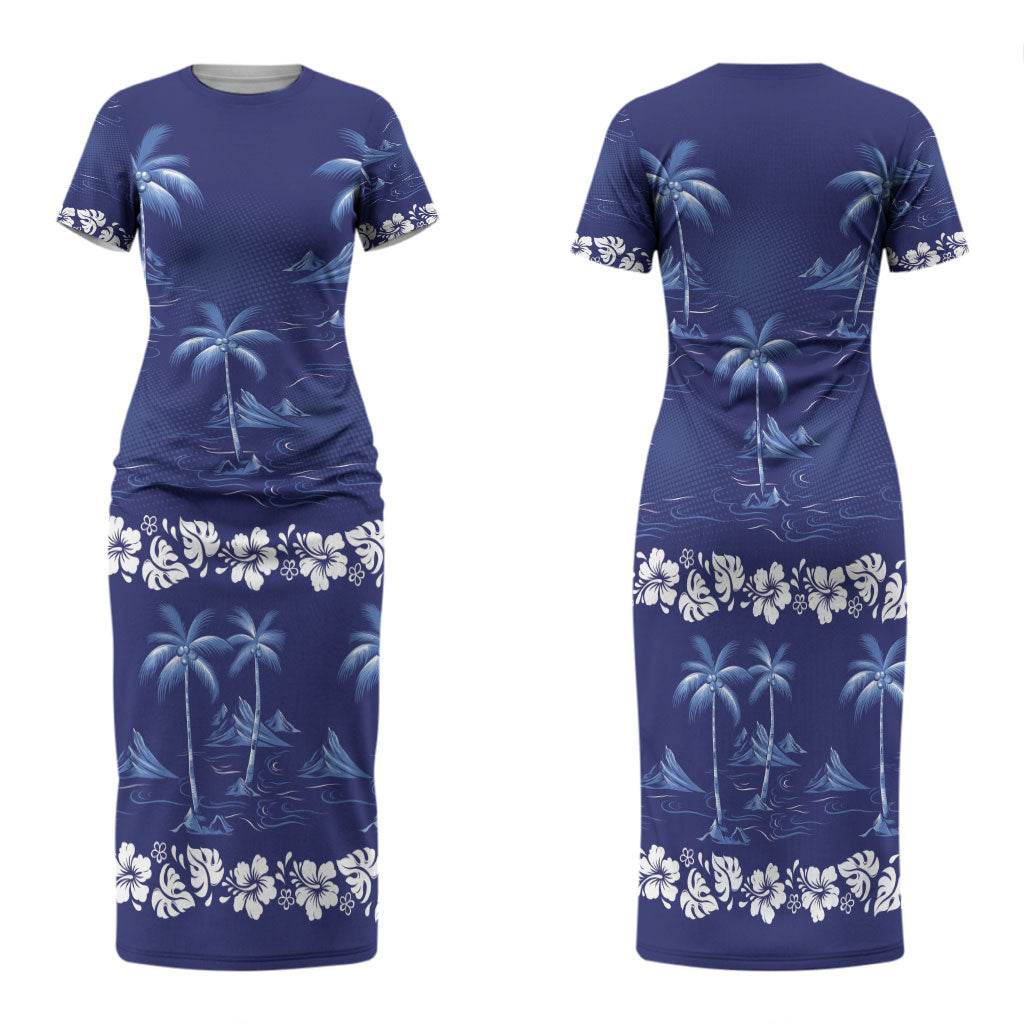 Blue Hawaii Palm Tree Hibiscus Family Matching Short Sleeve Bodycon Dress and Hawaiian Shirt Fantasy Summer Vibe LT01 Mom's Dress Blue - Polynesian Pride