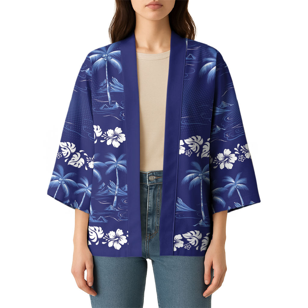 Blue Hawaii Palm Tree Hibiscus Kimono Fantasy Summer Vibe LT01 - Polynesian Pride