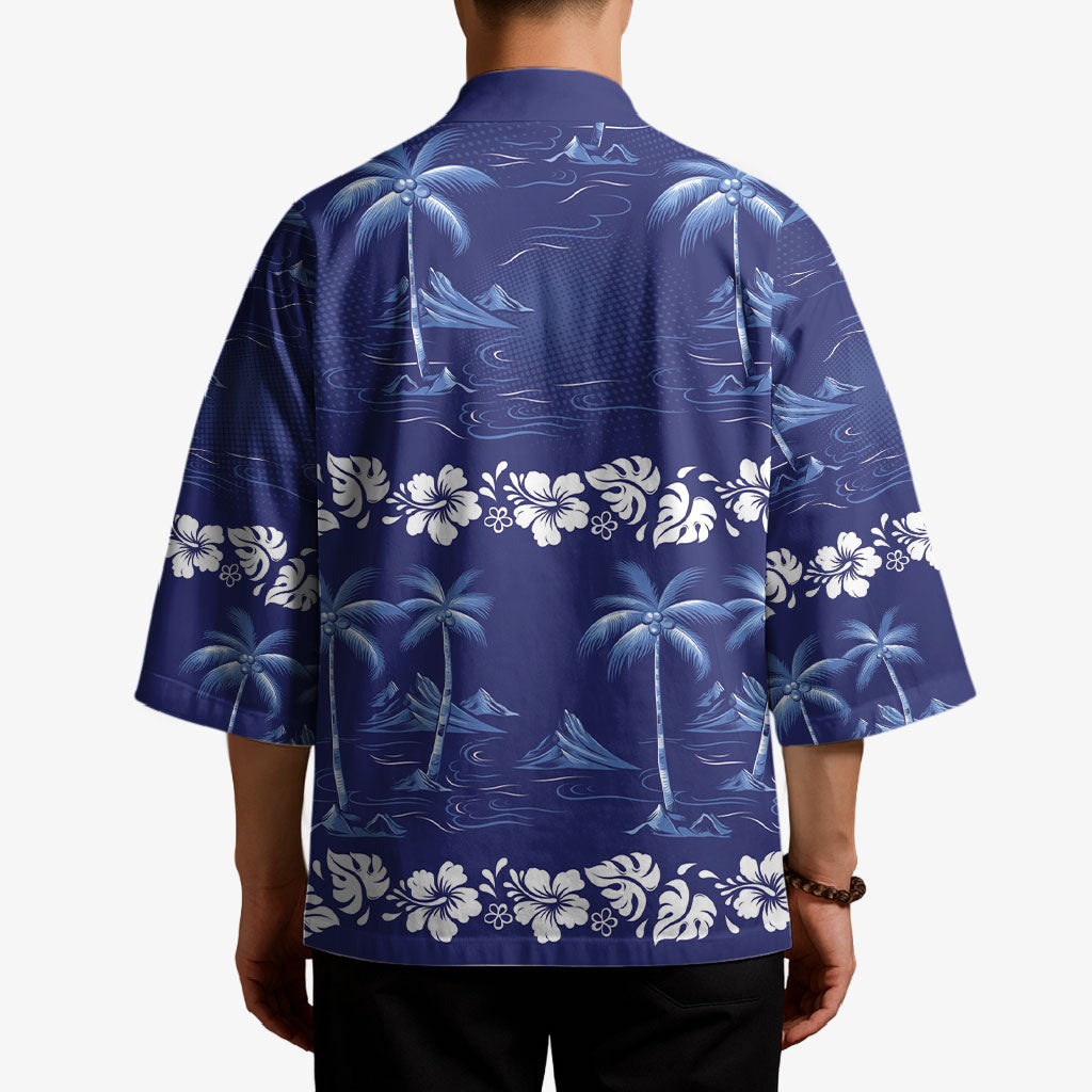 Blue Hawaii Palm Tree Hibiscus Kimono Fantasy Summer Vibe LT01 - Polynesian Pride