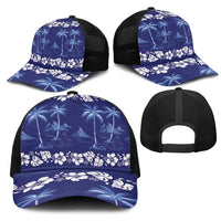 Blue Hawaii Palm Tree Hibiscus Mesh Trucker Cap Fantasy Summer Vibe