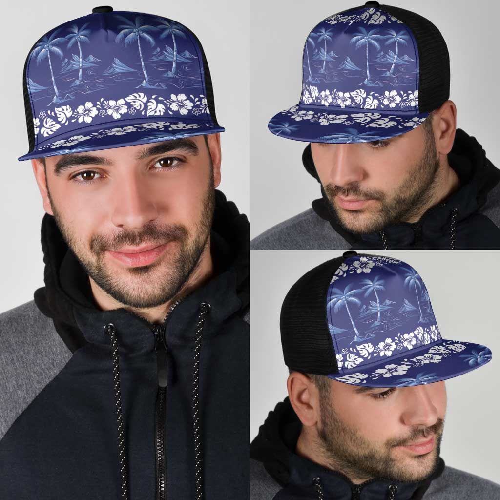 Blue Hawaii Palm Tree Hibiscus Mesh Trucker Cap Fantasy Summer Vibe