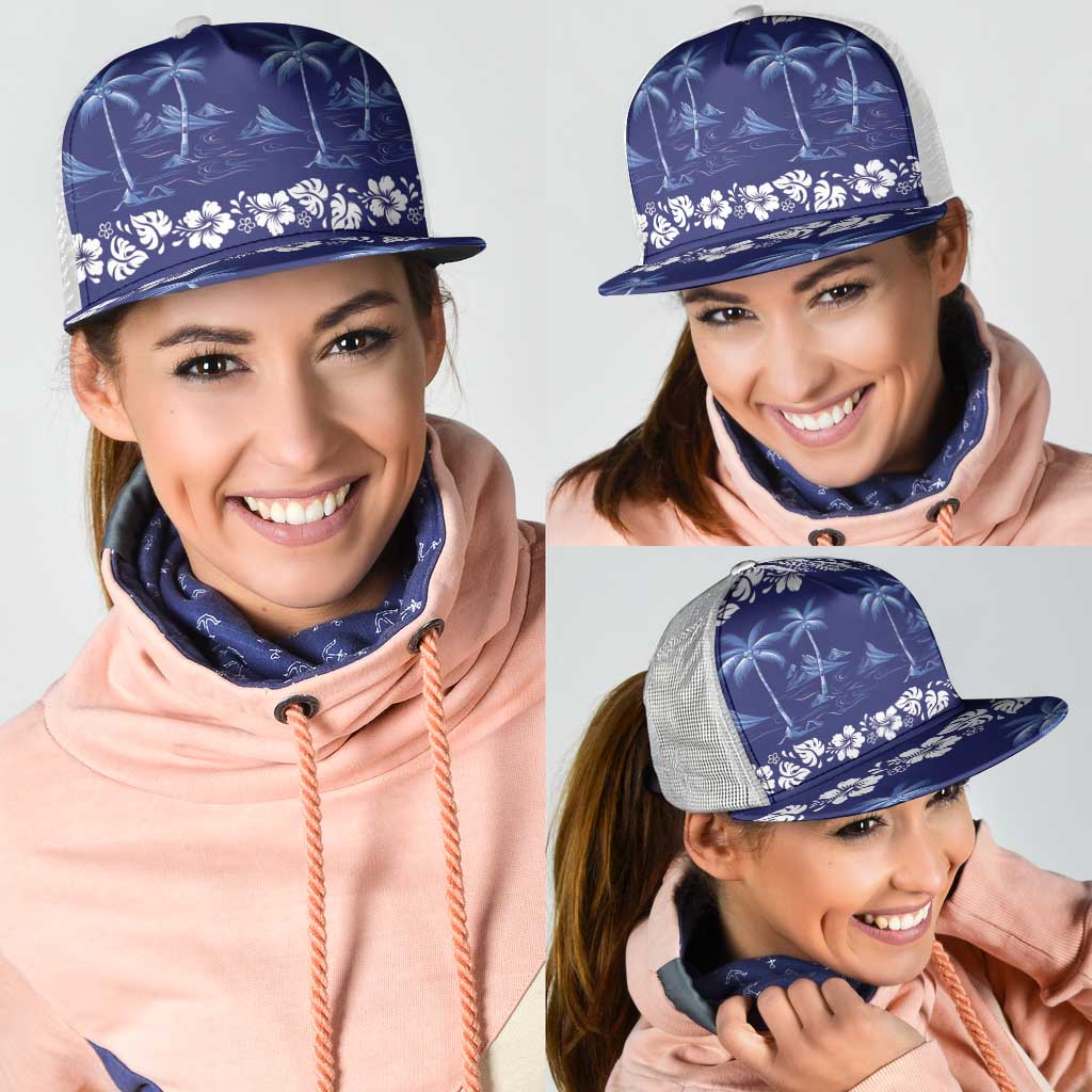 Blue Hawaii Palm Tree Hibiscus Mesh Trucker Cap Fantasy Summer Vibe