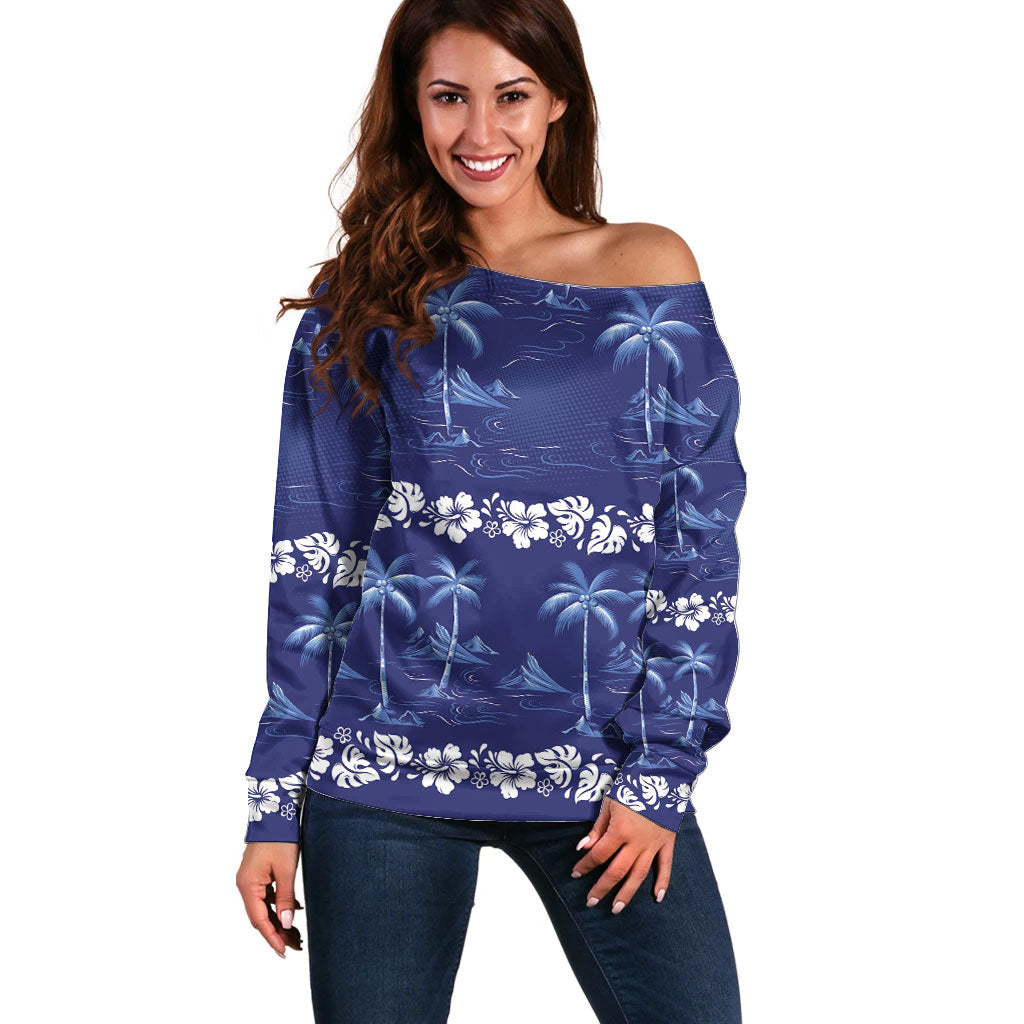 Blue Hawaii Palm Tree Hibiscus Off Shoulder Sweater Fantasy Summer Vibe LT01 Women Blue - Polynesian Pride