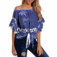 Blue Hawaii Palm Tree Hibiscus Off Shoulder Wrap Waist Top Fantasy Summer Vibe LT01 Blue - Polynesian Pride