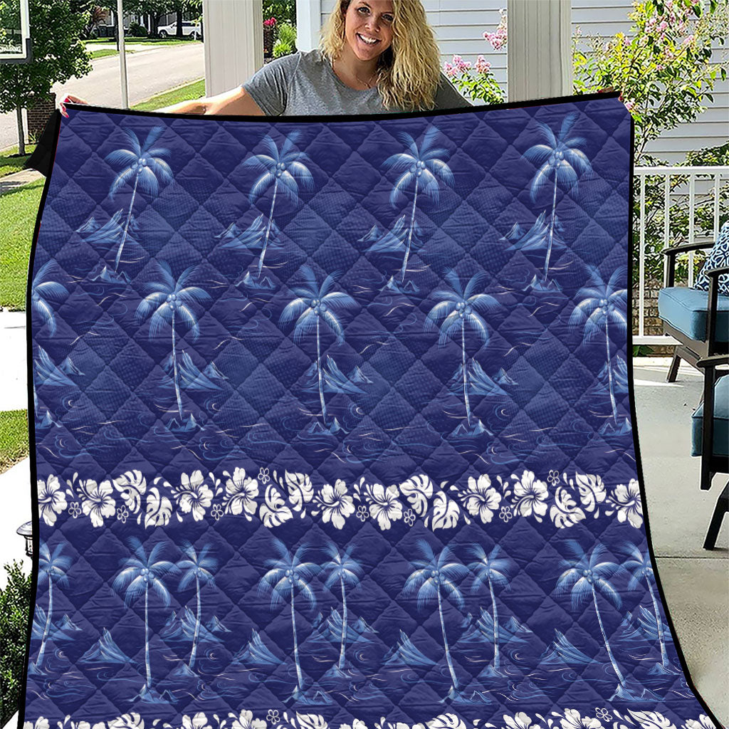 Blue Hawaii Palm Tree Hibiscus Quilt Fantasy Summer Vibe LT01 Blue - Polynesian Pride