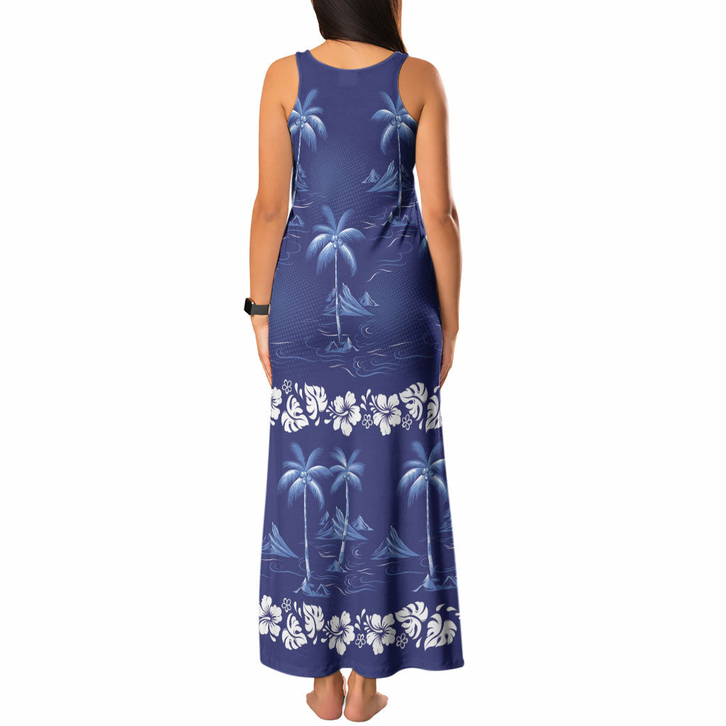 Blue Hawaii Palm Tree Hibiscus Tank Maxi Dress Fantasy Summer Vibe LT01 - Polynesian Pride