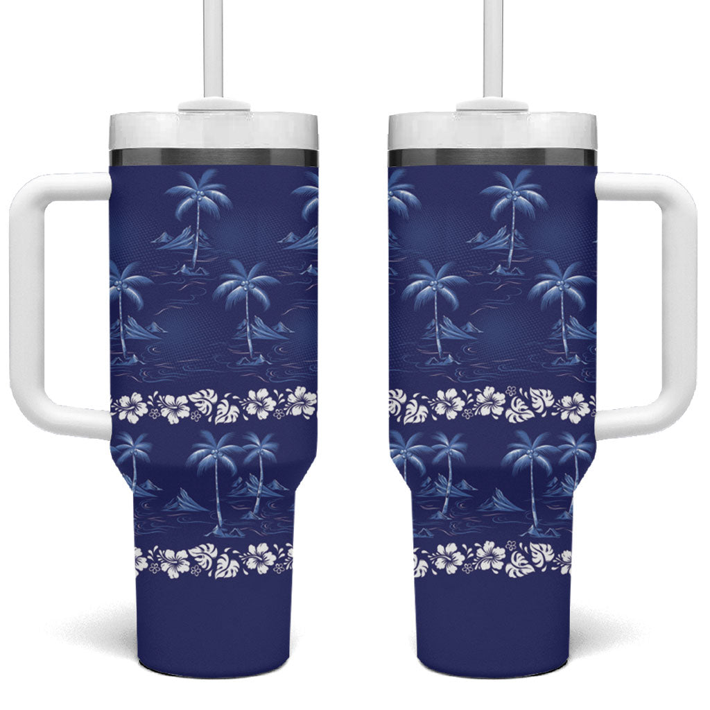 Blue Hawaii Palm Tree Hibiscus Tumbler With Handle Fantasy Summer Vibe LT01 One Size: 40 oz Blue - Polynesian Pride