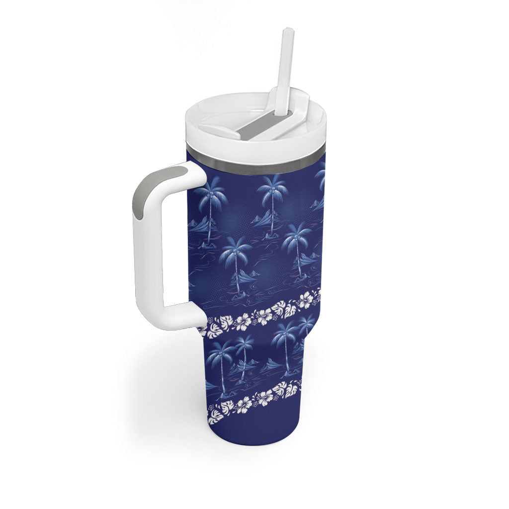 Blue Hawaii Palm Tree Hibiscus Tumbler With Handle Fantasy Summer Vibe LT01 - Polynesian Pride