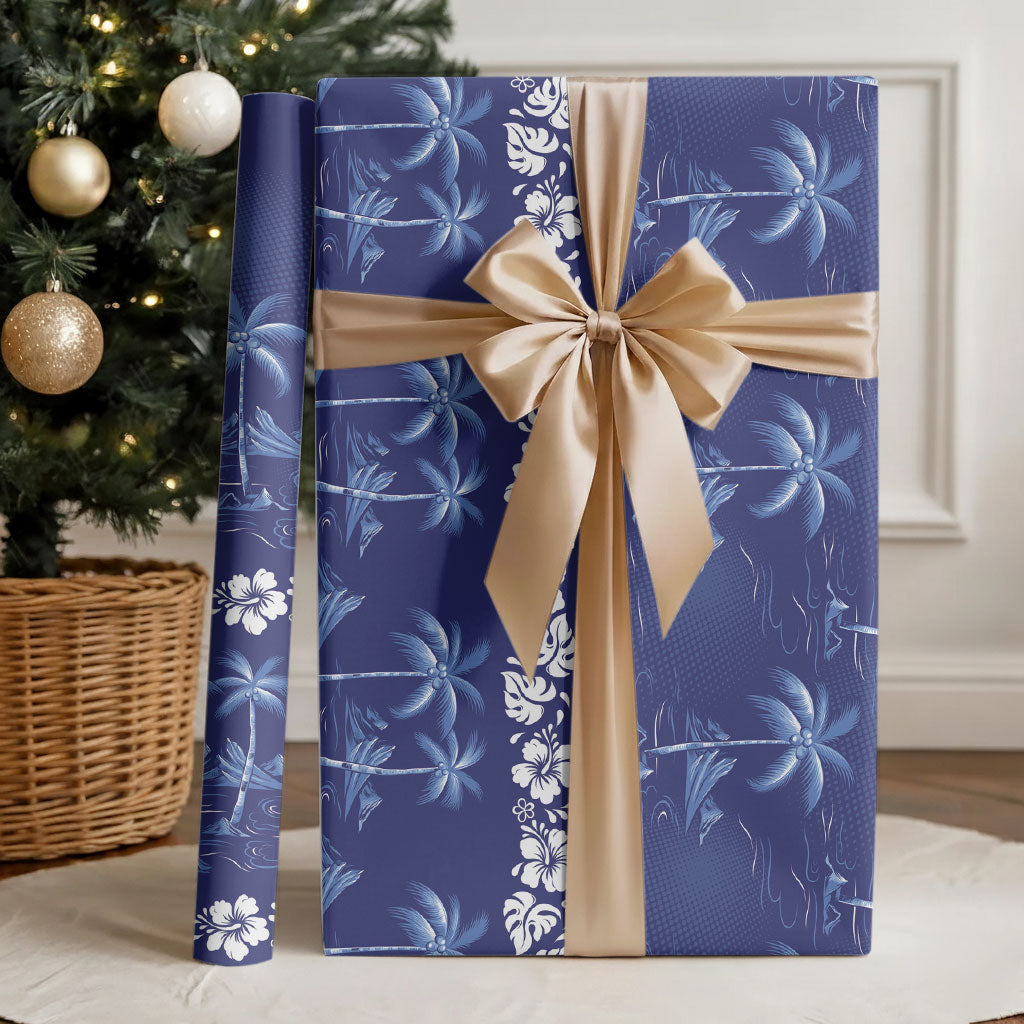 Blue Hawaii Palm Tree Hibiscus Wrapping Paper Fantasy Summer Vibe LT01 - Polynesian Pride