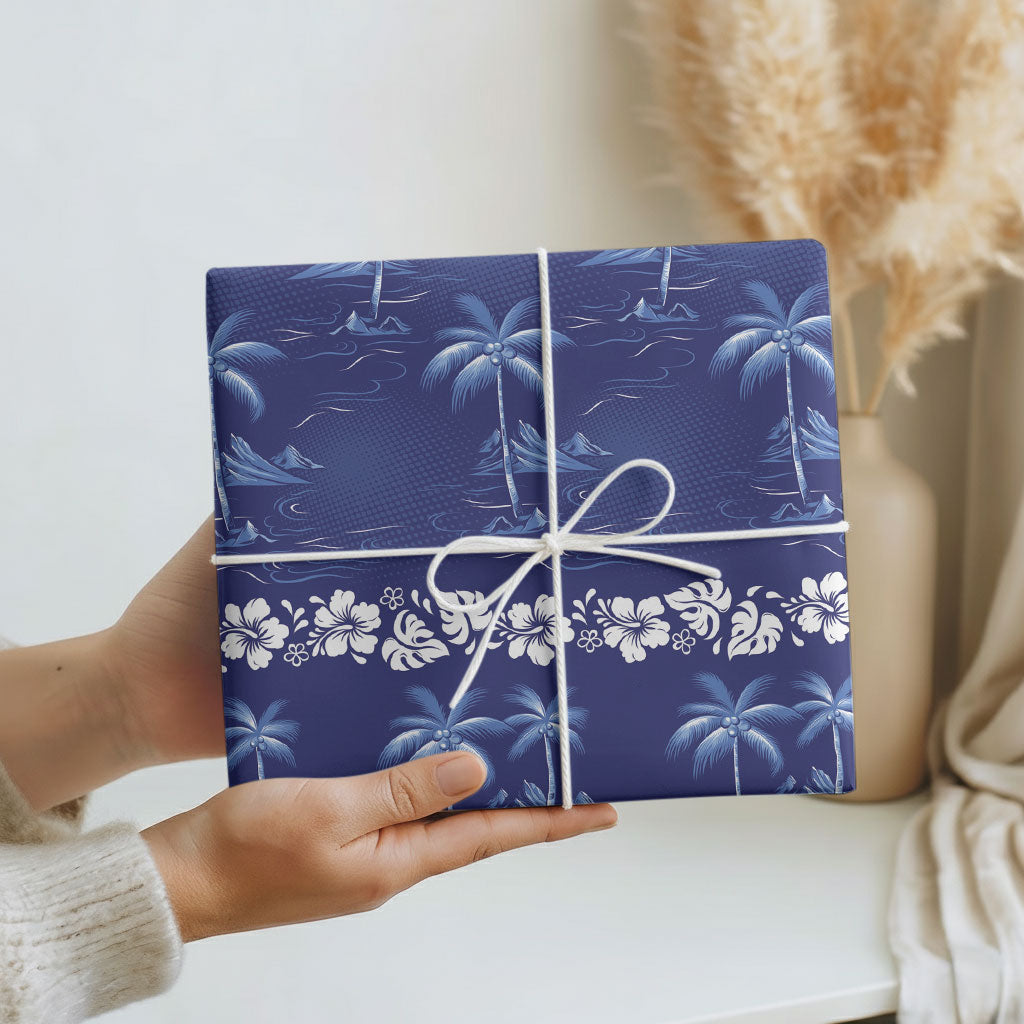 Blue Hawaii Palm Tree Hibiscus Wrapping Paper Fantasy Summer Vibe LT01 - Polynesian Pride