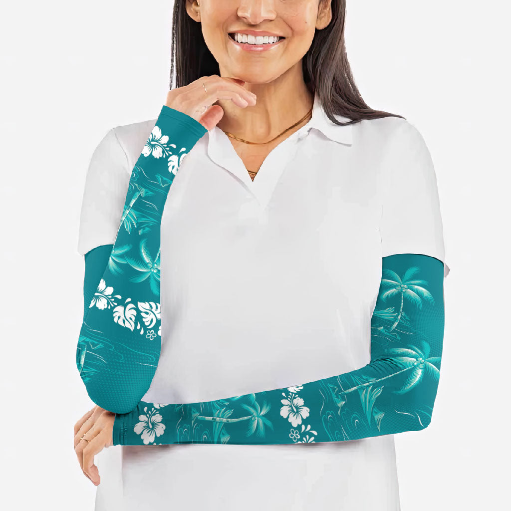 Cyan Hawaii Palm Tree Hibiscus Arm Sleeves Fantasy Summer Vibe LT01 - Polynesian Pride