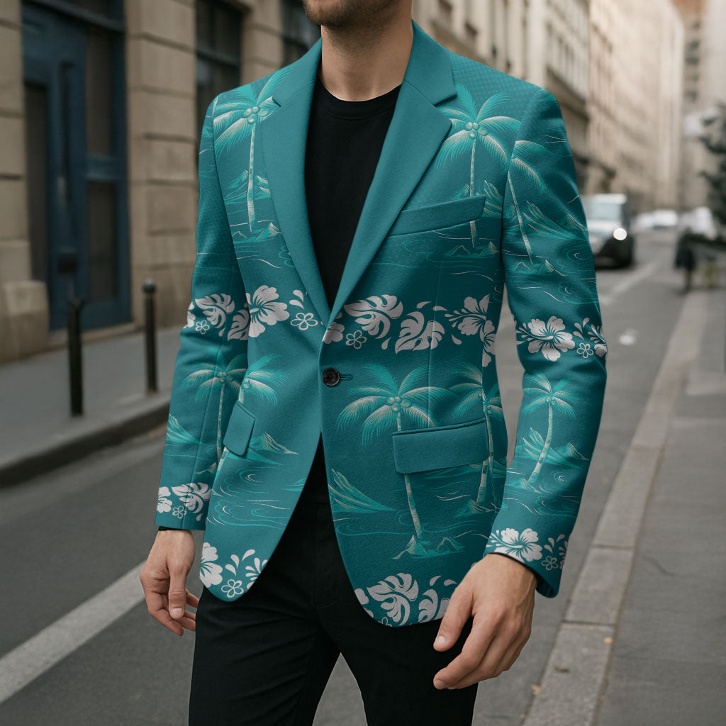 Cyan Hawaii Palm Tree Hibiscus Blazer Fantasy Summer Vibe LT01 - Polynesian Pride