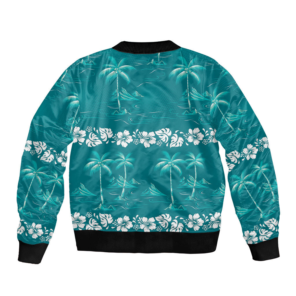 Cyan Hawaii Palm Tree Hibiscus Bomber Jacket Fantasy Summer Vibe