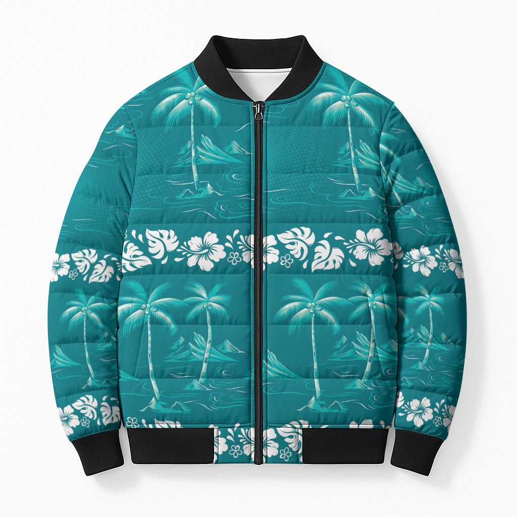 Cyan Hawaii Palm Tree Hibiscus Bomber Puffer Jacket Fantasy Summer Vibe LT01 Unisex Cyan - Polynesian Pride