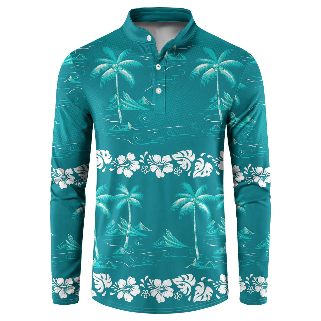 Cyan Hawaii Palm Tree Hibiscus Button Sweatshirt Fantasy Summer Vibe LT01 Cyan - Polynesian Pride