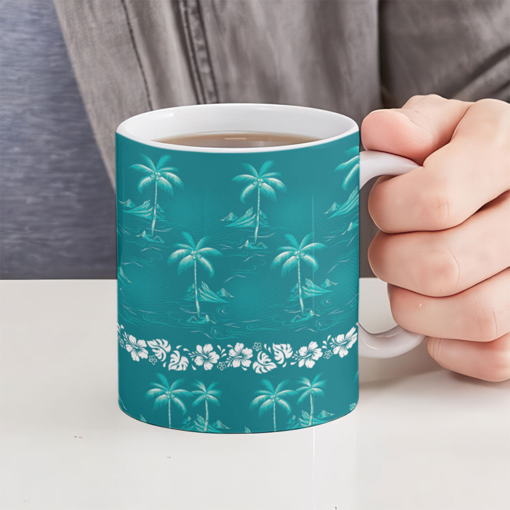Cyan Hawaii Palm Tree Hibiscus Ceramic Mug Fantasy Summer Vibe LT01 - Polynesian Pride