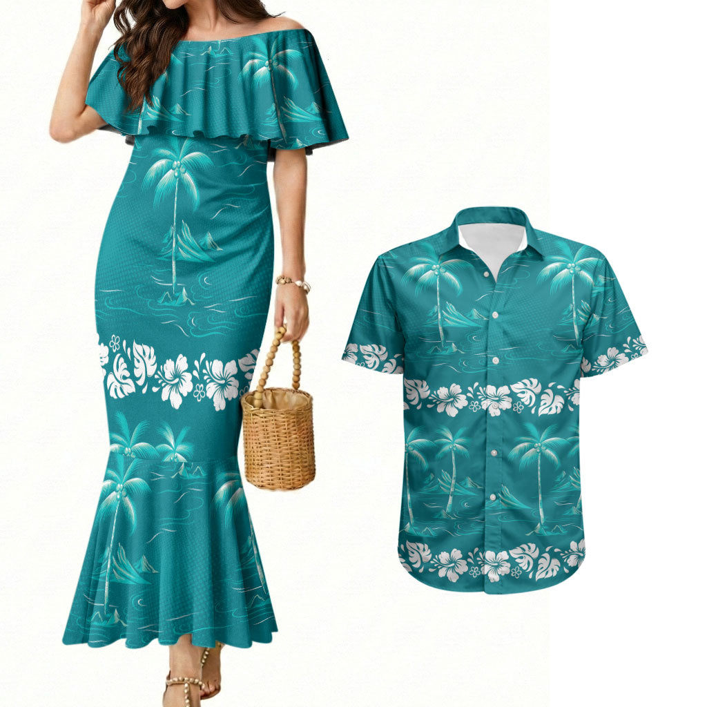 Cyan Hawaii Palm Tree Hibiscus Couples Matching Mermaid Dress and Hawaiian Shirt Fantasy Summer Vibe