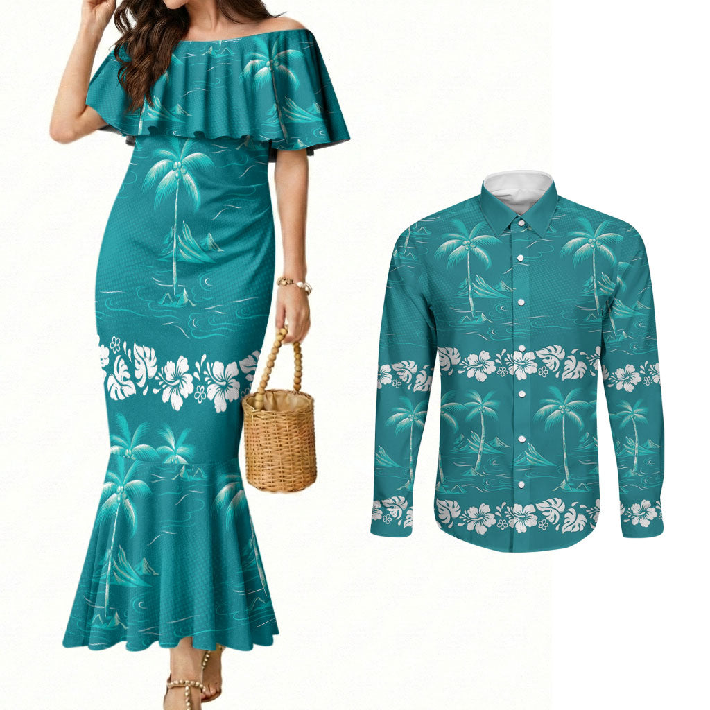 Cyan Hawaii Palm Tree Hibiscus Couples Matching Mermaid Dress and Long Sleeve Button Shirt Fantasy Summer Vibe LT01 Cyan - Polynesian Pride