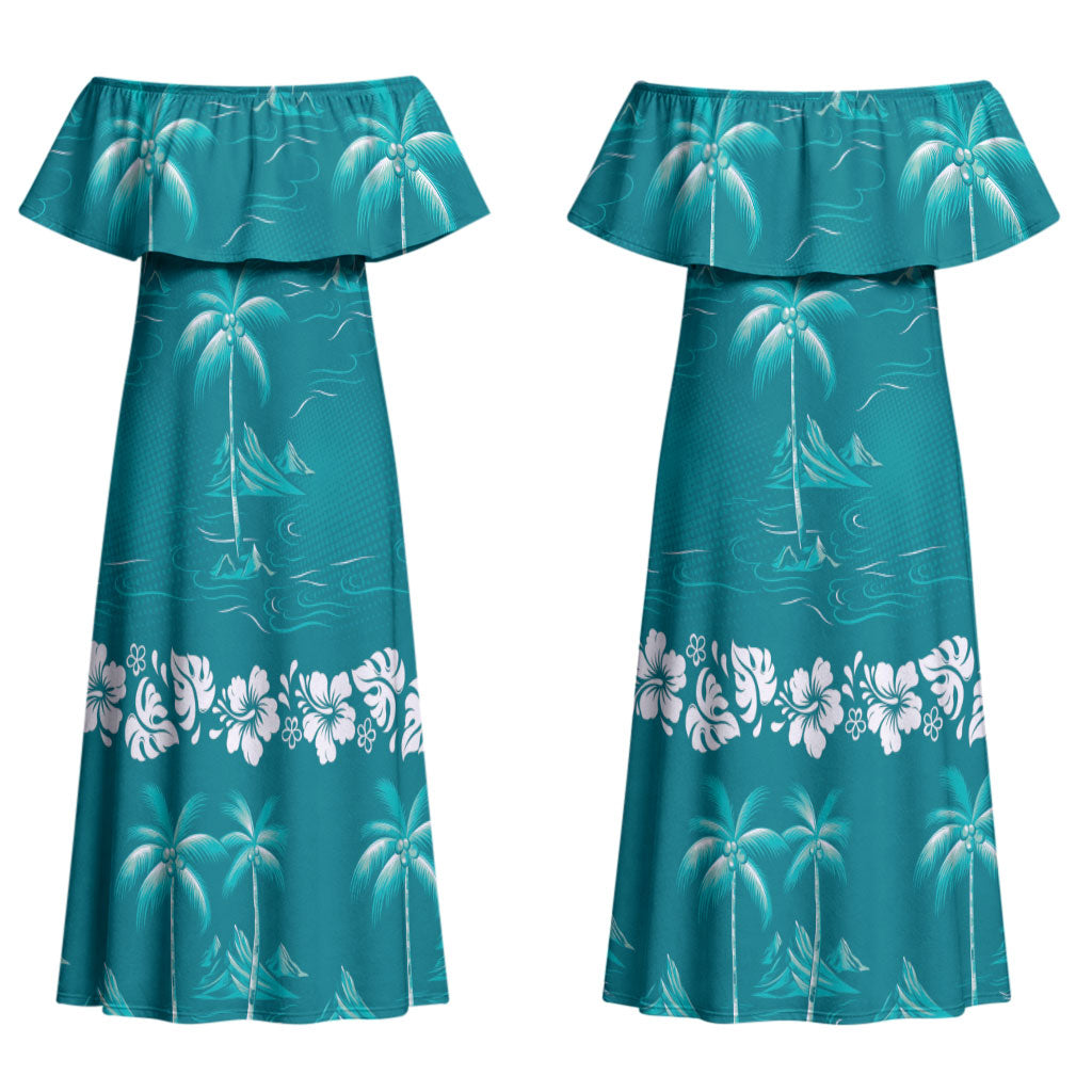 Cyan Hawaii Palm Tree Hibiscus Couples Matching Off Shoulder Maxi Dress and Long Sleeve Button Shirt Fantasy Summer Vibe