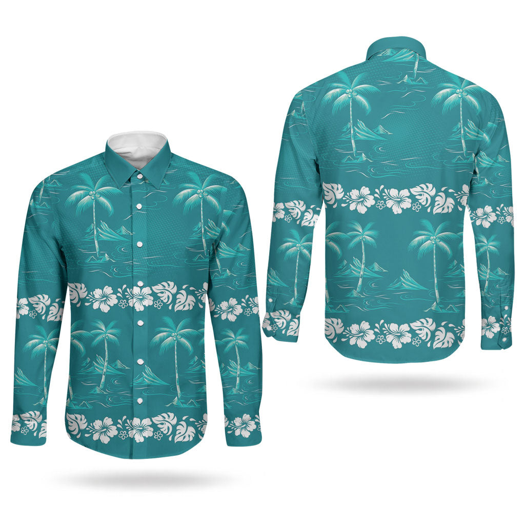 Cyan Hawaii Palm Tree Hibiscus Couples Matching Off Shoulder Short Dress and Long Sleeve Button Shirt Fantasy Summer Vibe LT01 - Polynesian Pride