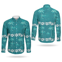 Cyan Hawaii Palm Tree Hibiscus Couples Matching Off Shoulder Short Dress and Long Sleeve Button Shirt Fantasy Summer Vibe LT01 - Polynesian Pride