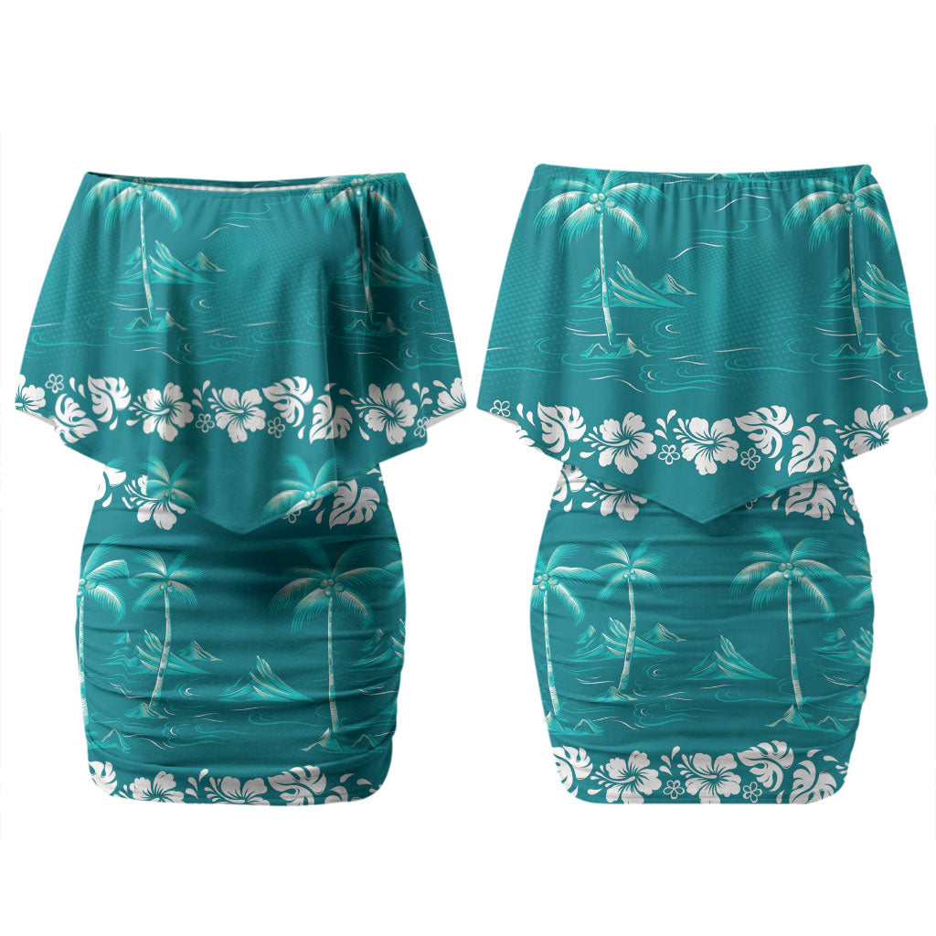 Cyan Hawaii Palm Tree Hibiscus Couples Matching Off Shoulder Short Dress and Long Sleeve Button Shirt Fantasy Summer Vibe LT01 - Polynesian Pride