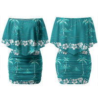 Cyan Hawaii Palm Tree Hibiscus Couples Matching Off Shoulder Short Dress and Long Sleeve Button Shirt Fantasy Summer Vibe LT01 - Polynesian Pride