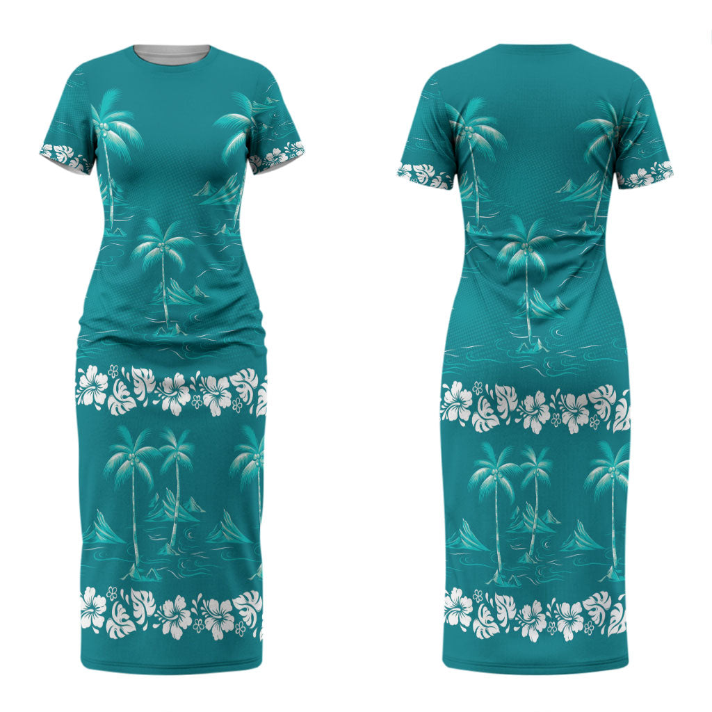Cyan Hawaii Palm Tree Hibiscus Couples Matching Short Sleeve Bodycon Dress and Long Sleeve Button Shirt Fantasy Summer Vibe LT01 - Polynesian Pride