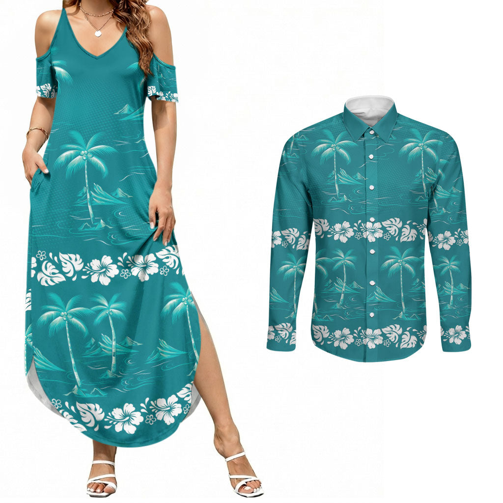Cyan Hawaii Palm Tree Hibiscus Couples Matching Summer Maxi Dress and Long Sleeve Button Shirt Fantasy Summer Vibe